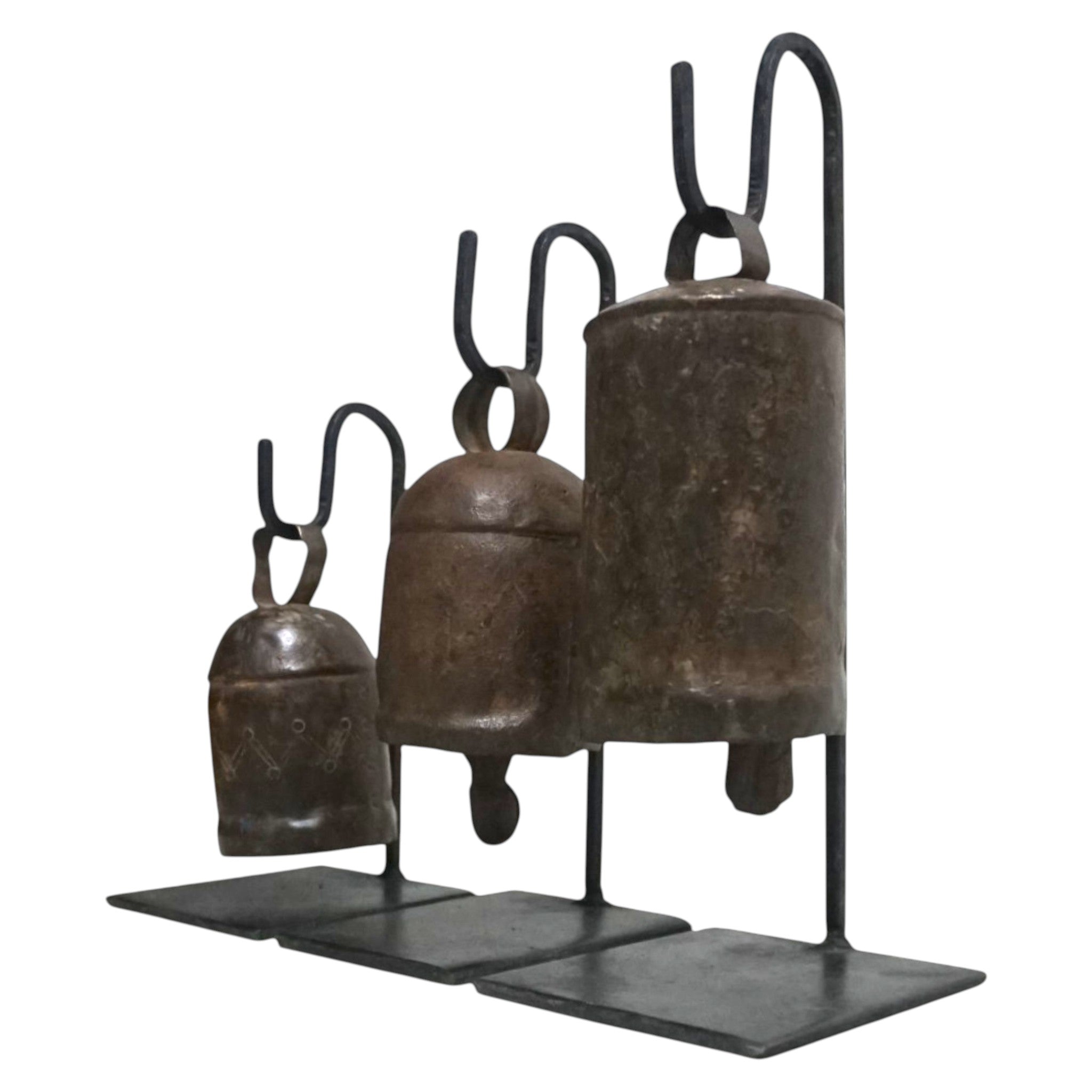 Handcrafted Set of 3 Vintage Bells on Iron Stands | Rustic & Artisan Home Decor