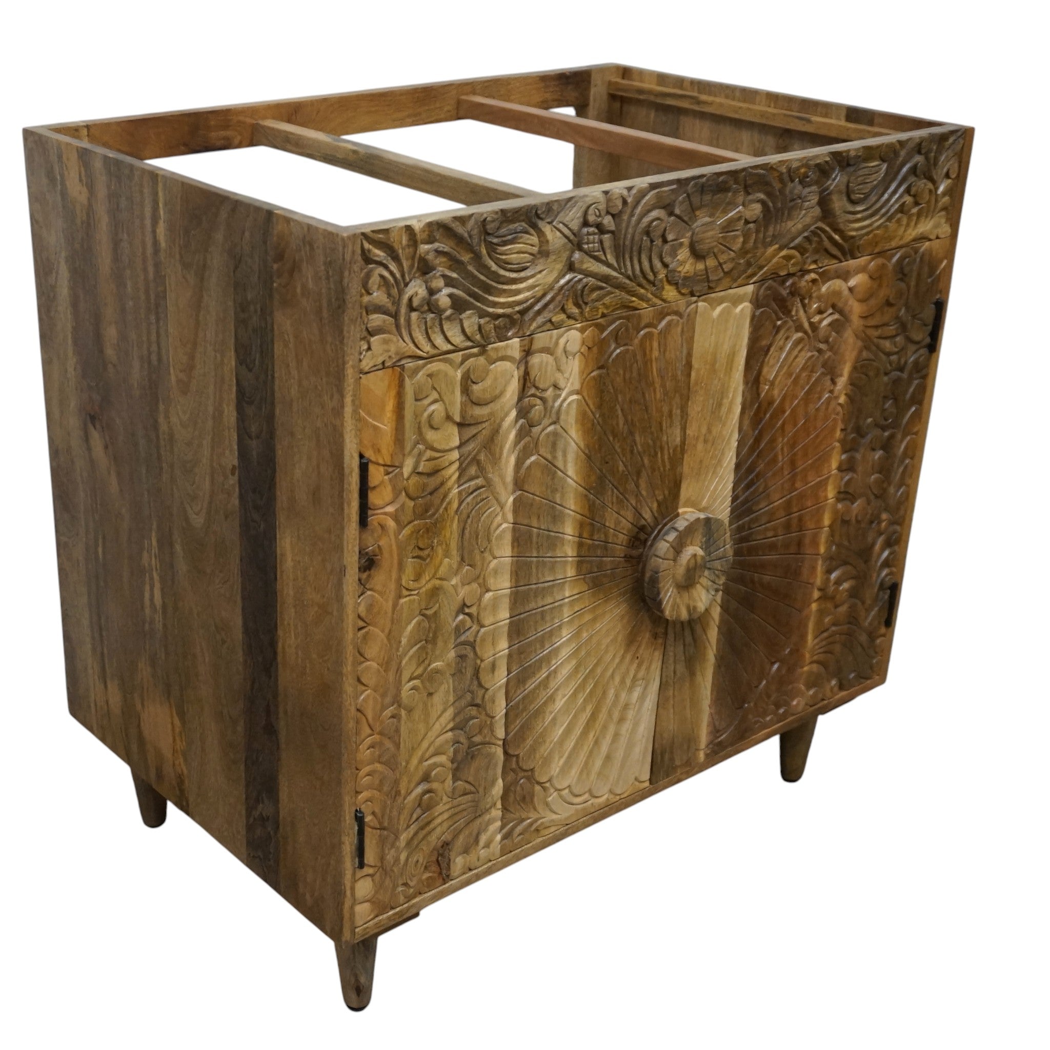 Natural Wood Bathroom Vanity Hand-Carved with Marble Top and Basin