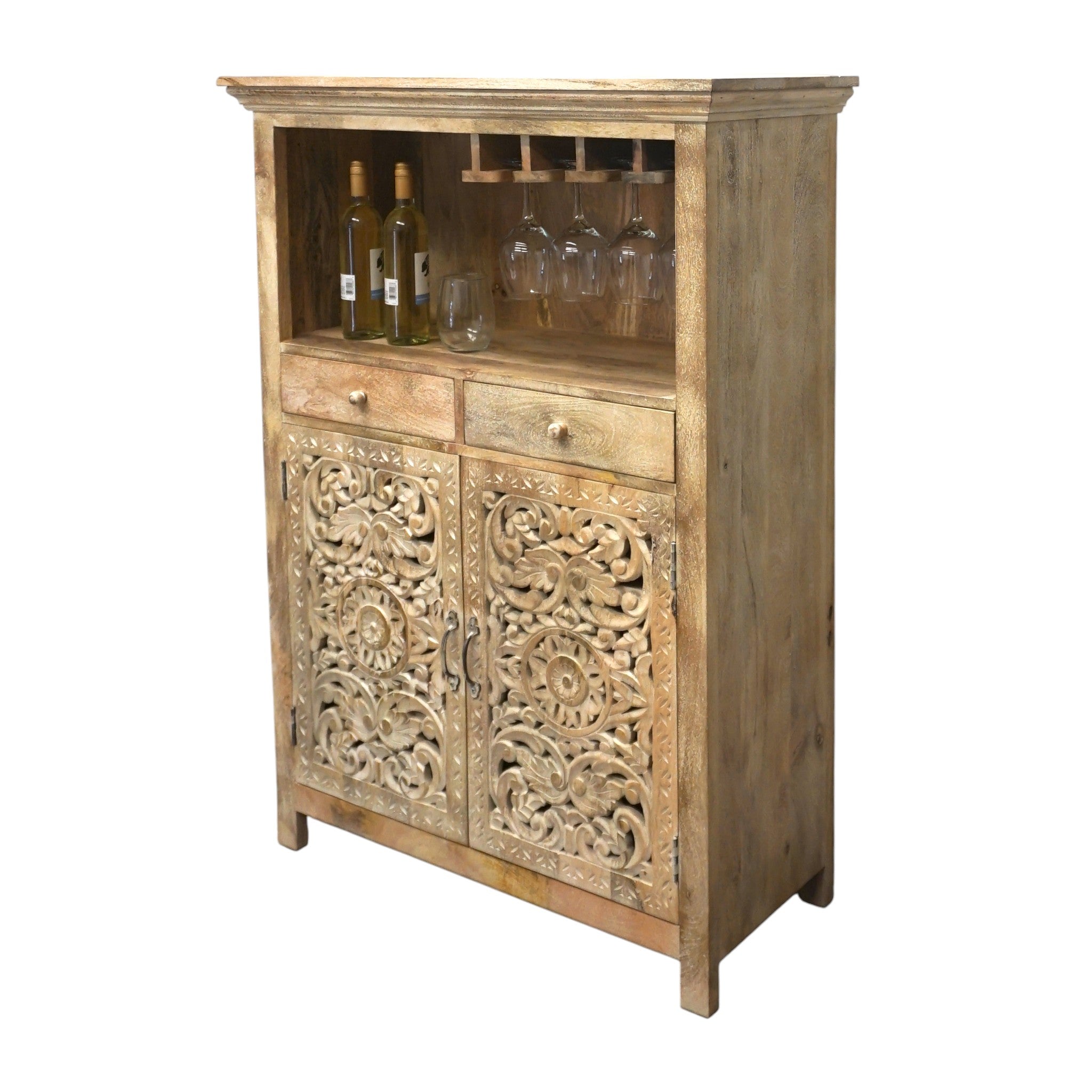 Hand-carved Mango Wood Bar Cabinet