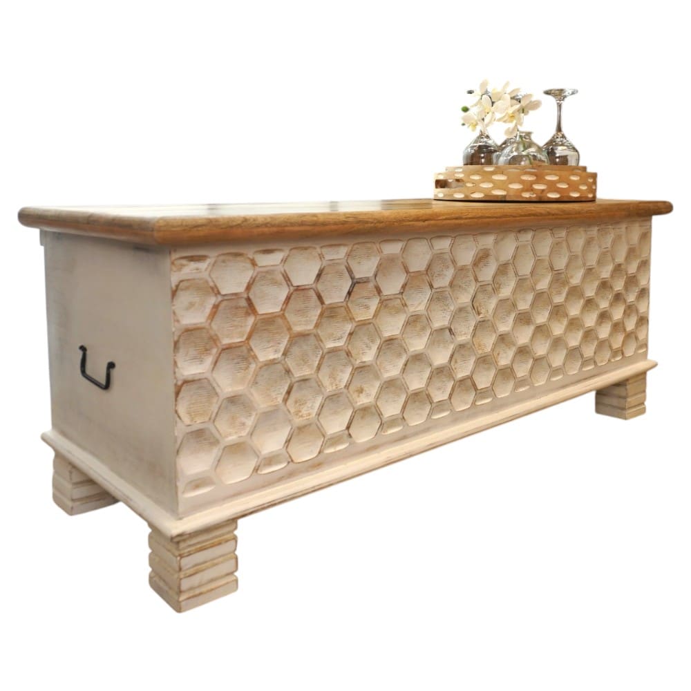 Hand-carved Large Solid Wood Bench Trunk Honeycomb Design image 2