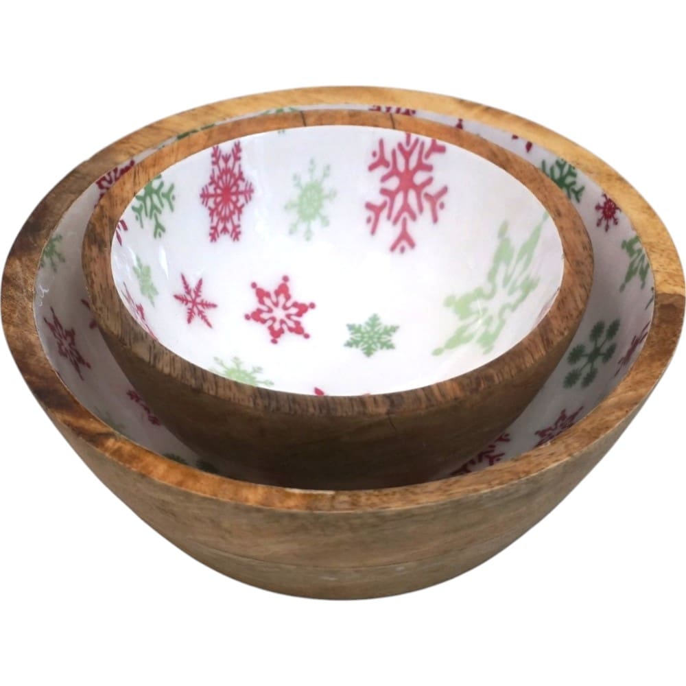 Set of 2 Winter Bowls in Natural Wood with White Enamel image 1