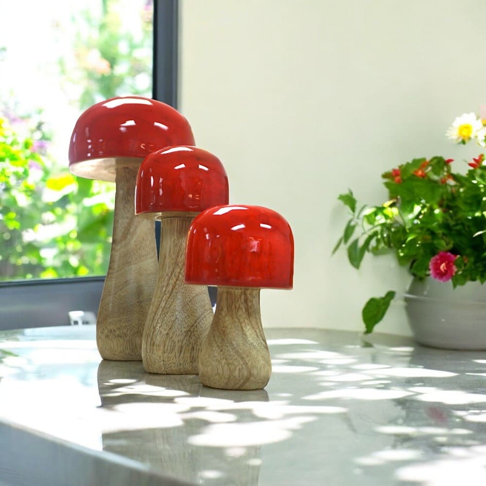 Hand-crafted Whimsical Wooden Mushrooms Set of 3 Red image 3