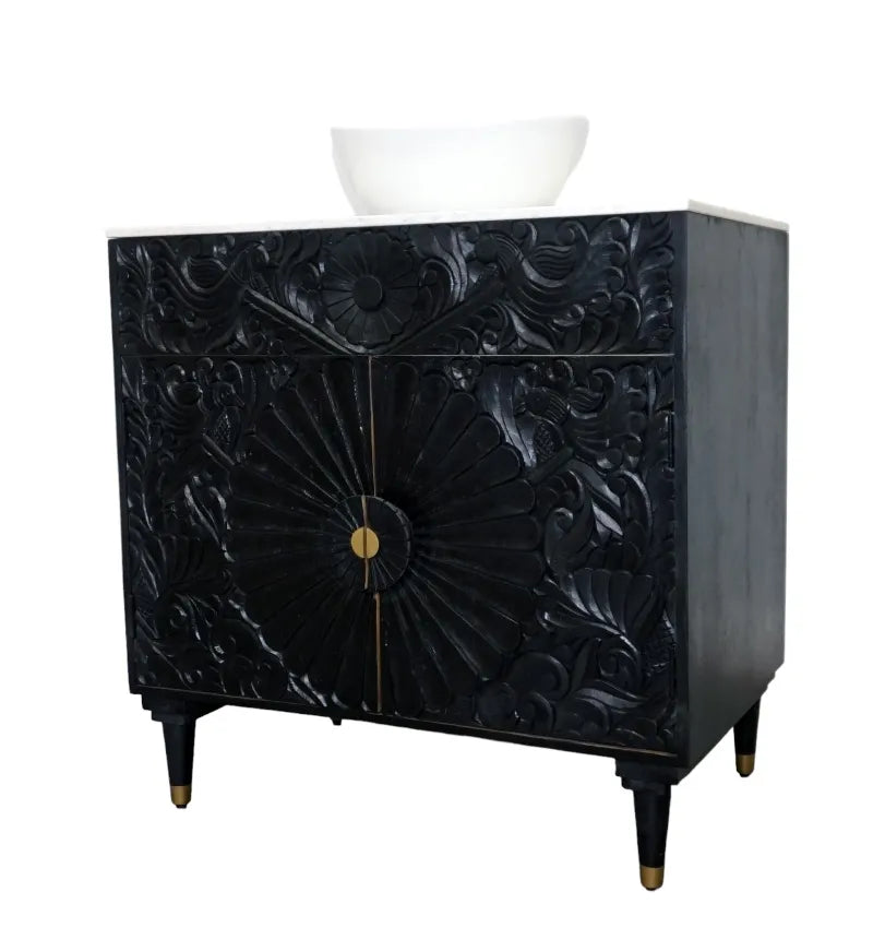 Black Bathroom Vanity Hand-Carved with Marble Top and Basin image 13