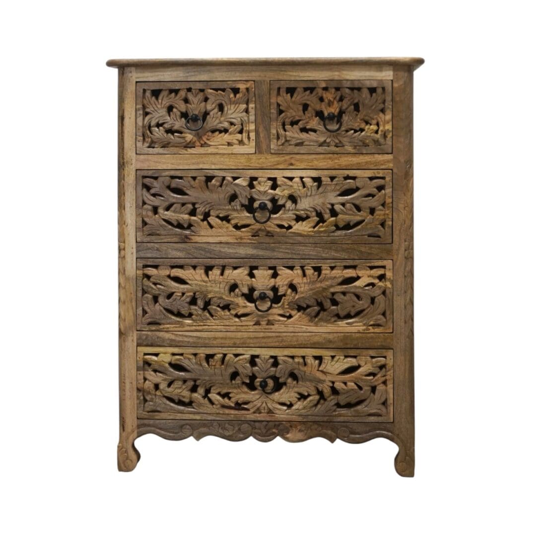 mango wood dresser Hand-carved Natural Wood 5-Drawer Dresser