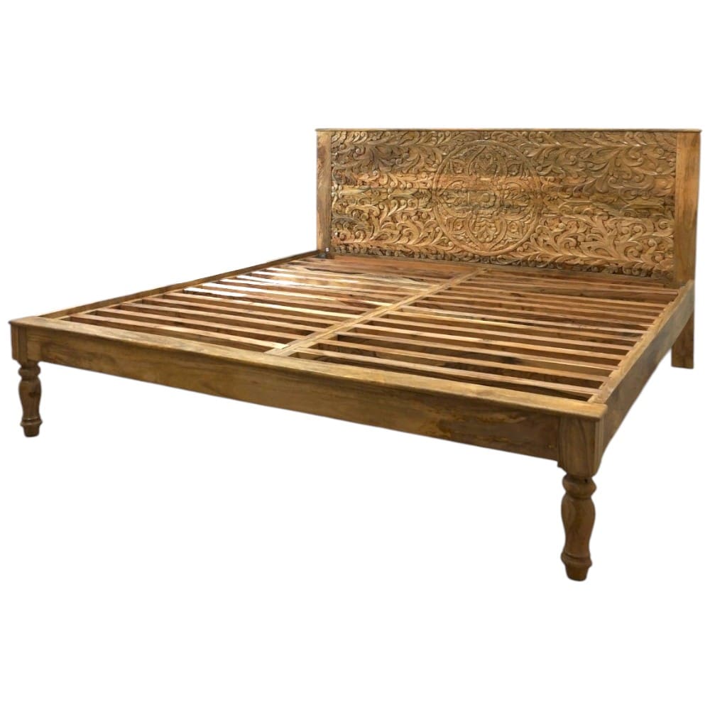 Hand-Carved Queen Bedframe Natural Floral image 2