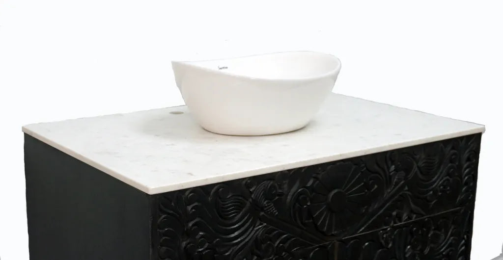 Black Bathroom Vanity Hand-Carved with Marble Top and Basin image 3
