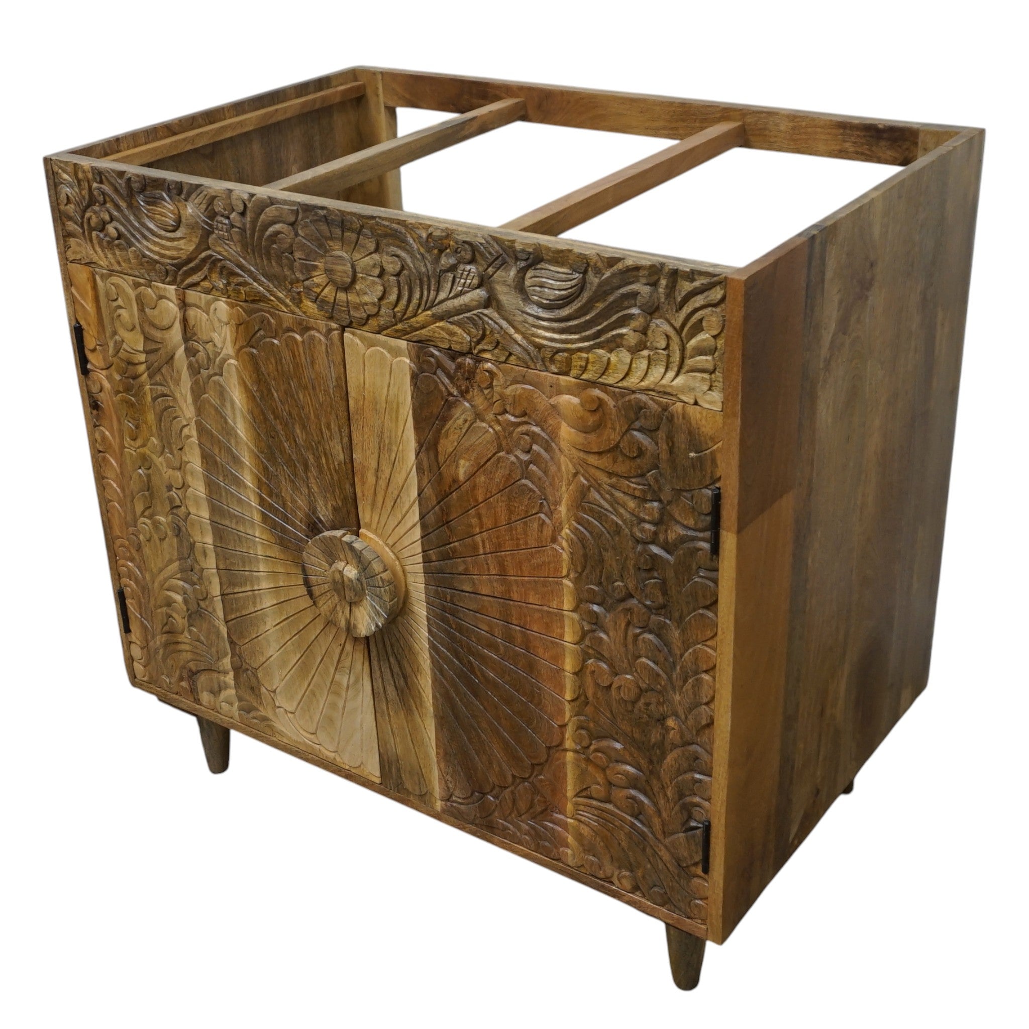 Natural Wood Bathroom Vanity Hand-Carved with Marble Top and Basin