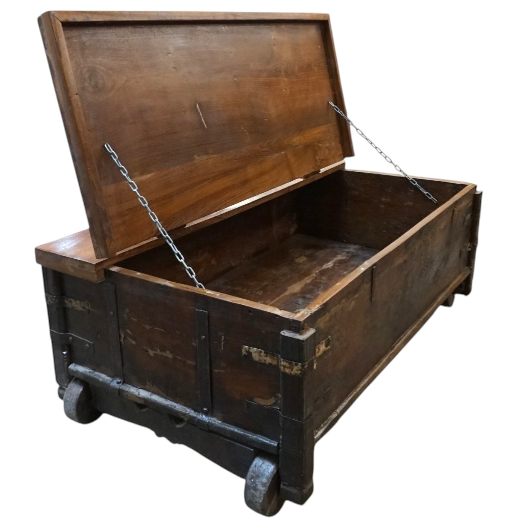 Handcrafted Large Reclaimed Wood Trunk Coffee Table | Storage & Wooden Wheels