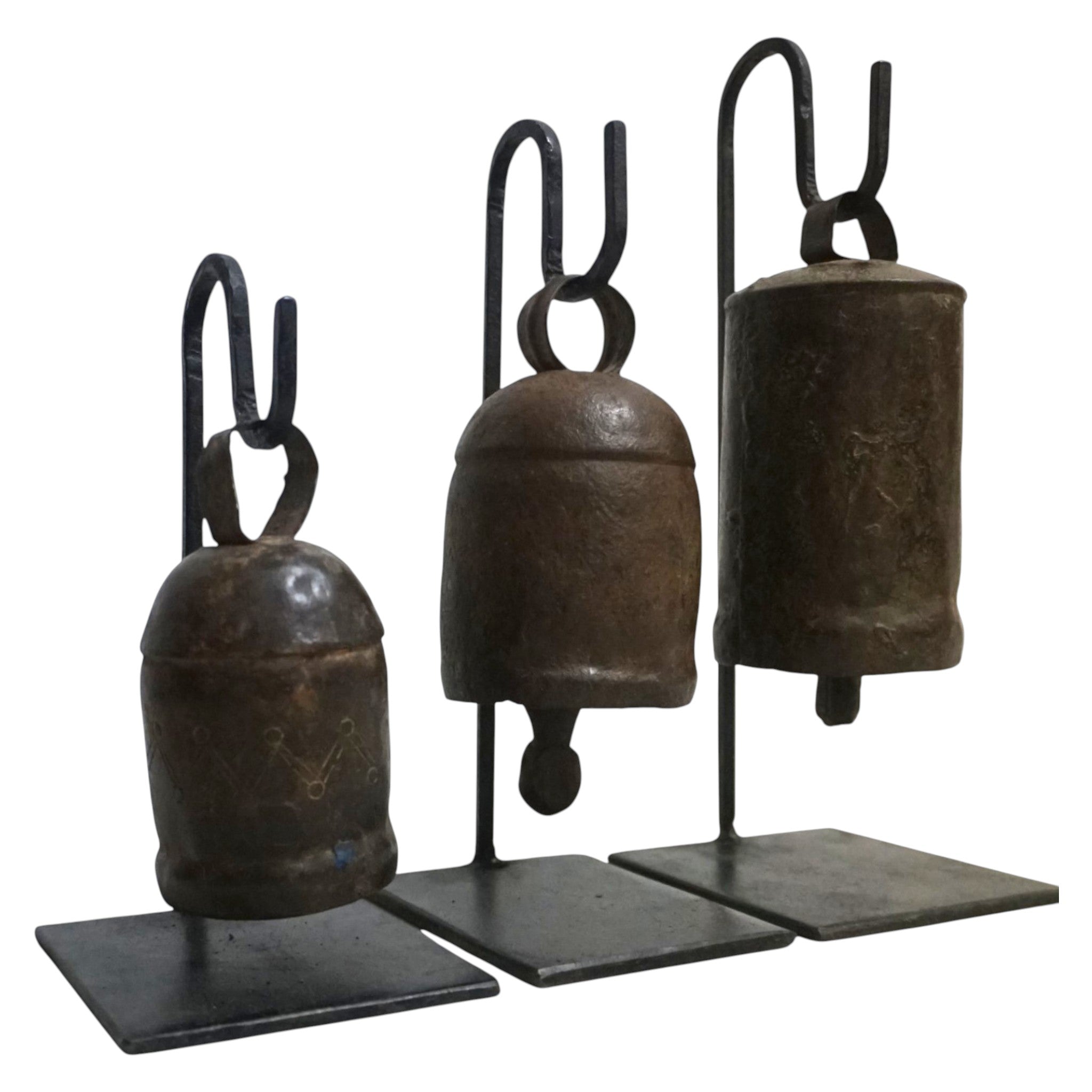 Handcrafted Set of 3 Vintage Bells on Iron Stands | Rustic & Artisan Home Decor