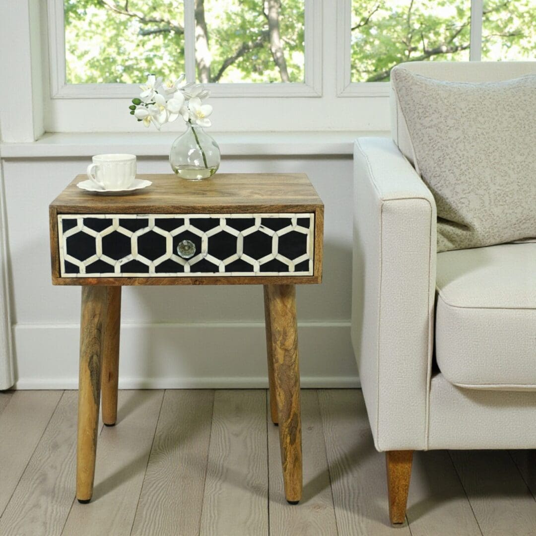 Hand Crafted Solid Wood Side Table with Bone Inlay Drawer image 1