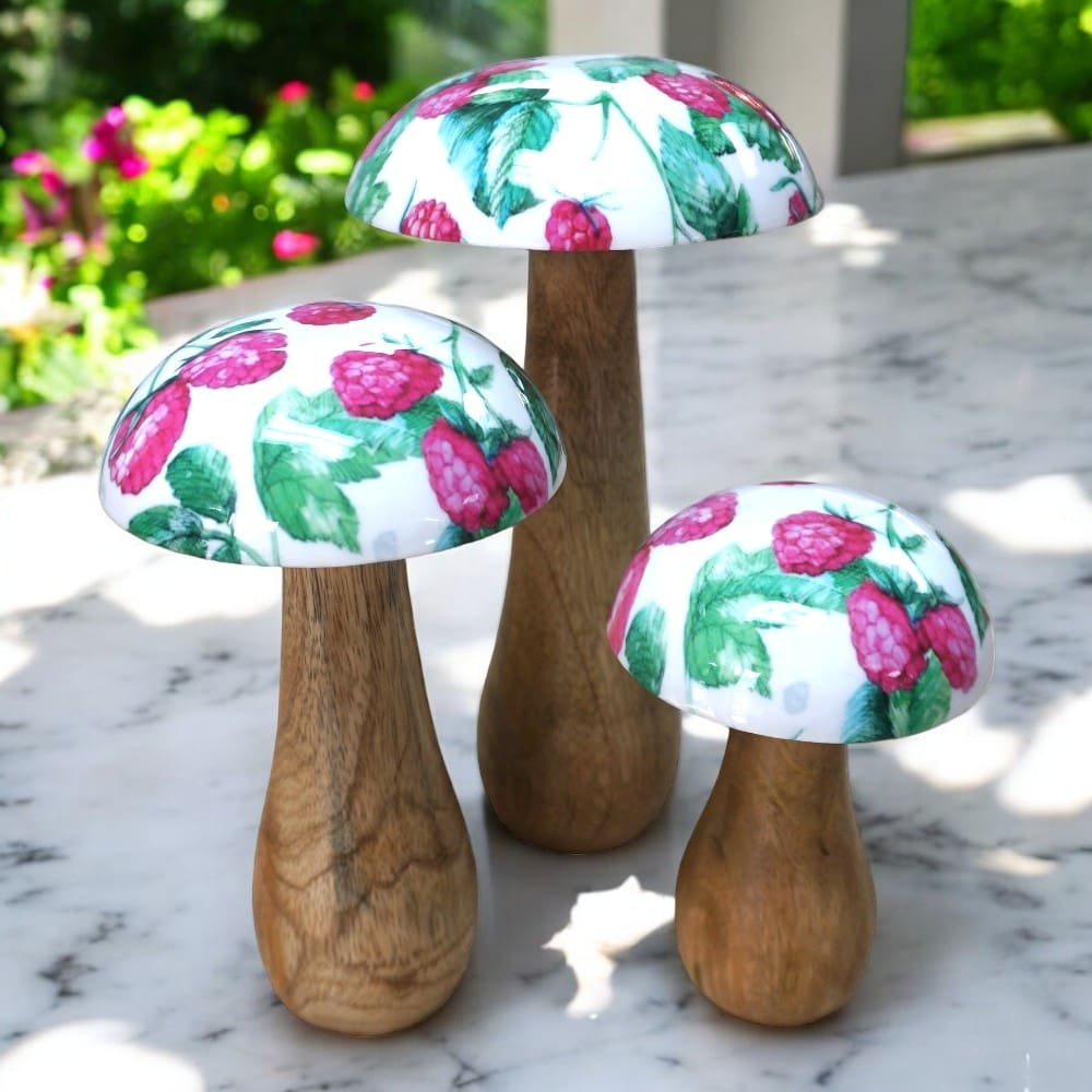 Hand-crafted Whimsical Wooden Mushrooms Set of 3 Berry image 0
