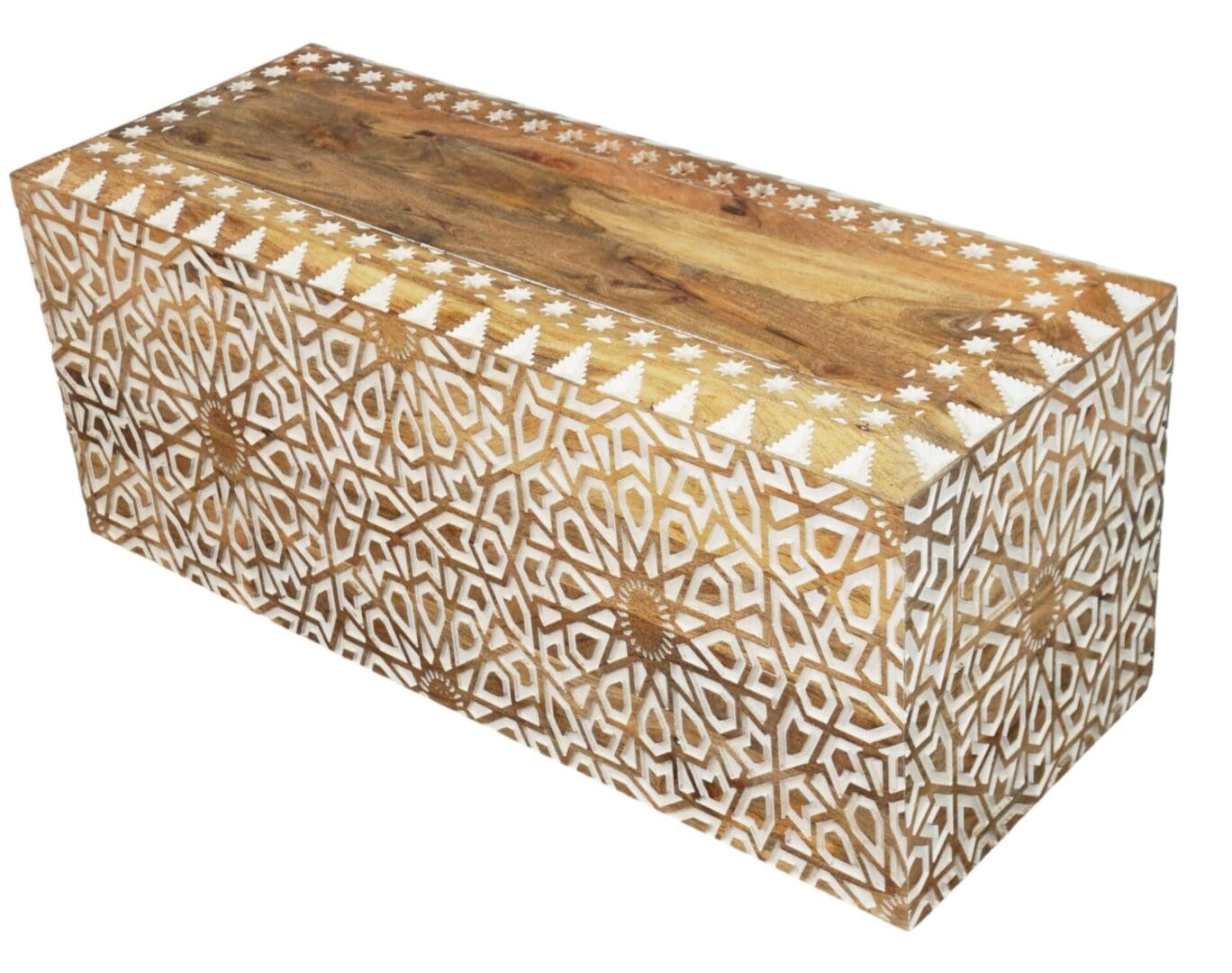 Natural Wood Coffee Table Hand-carved White Highlights image 1