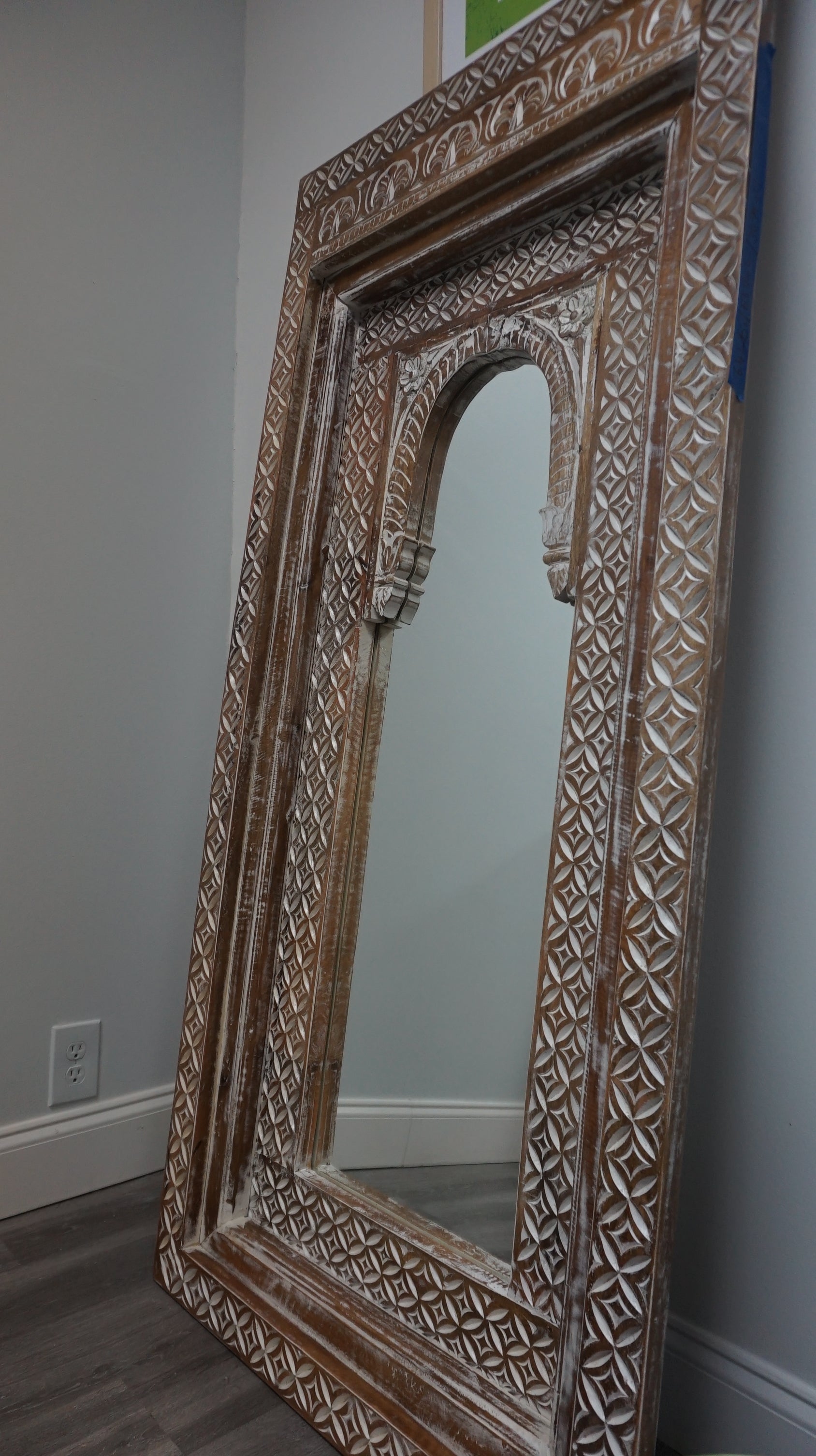Handmade Mango Wood Temple Mirror | Arched Full-Length | Hand-Carved Natural Wood Frame | 63" Tall