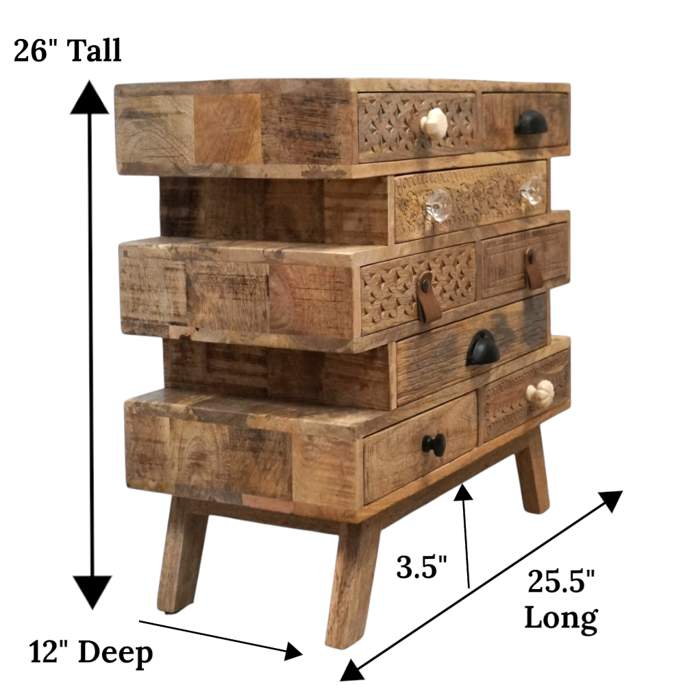 Hand-Carved Mango Wood Multi-Drawer Side Table | 8 Drawers & Eclectic Handles
