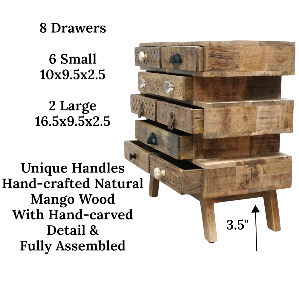 Hand-Carved Mango Wood Multi-Drawer Side Table | 8 Drawers & Eclectic Handles