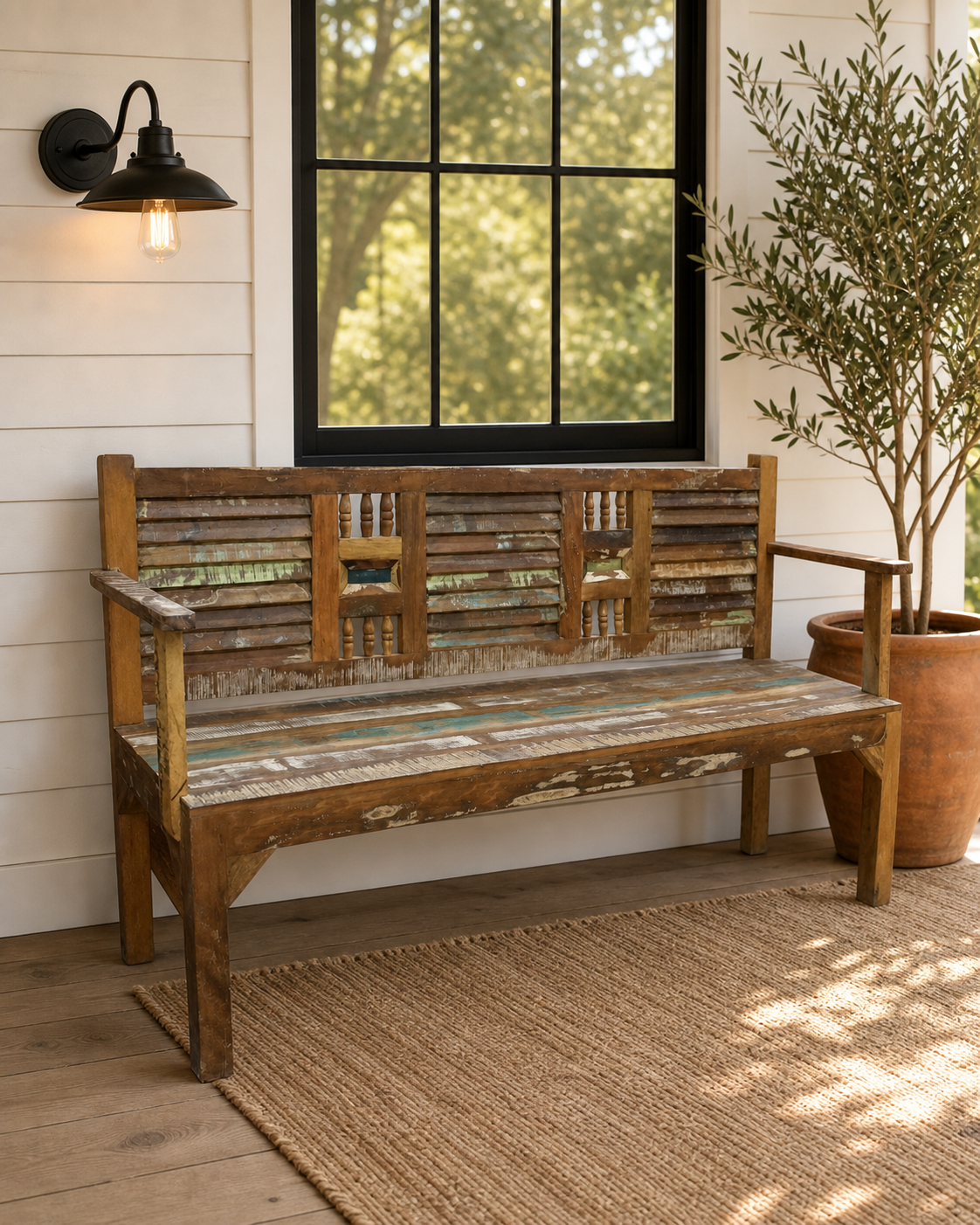 Handcrafted Reclaimed Wood Bench | With Back & Arms | 60" | Entryway, Dining & Garden Seating
