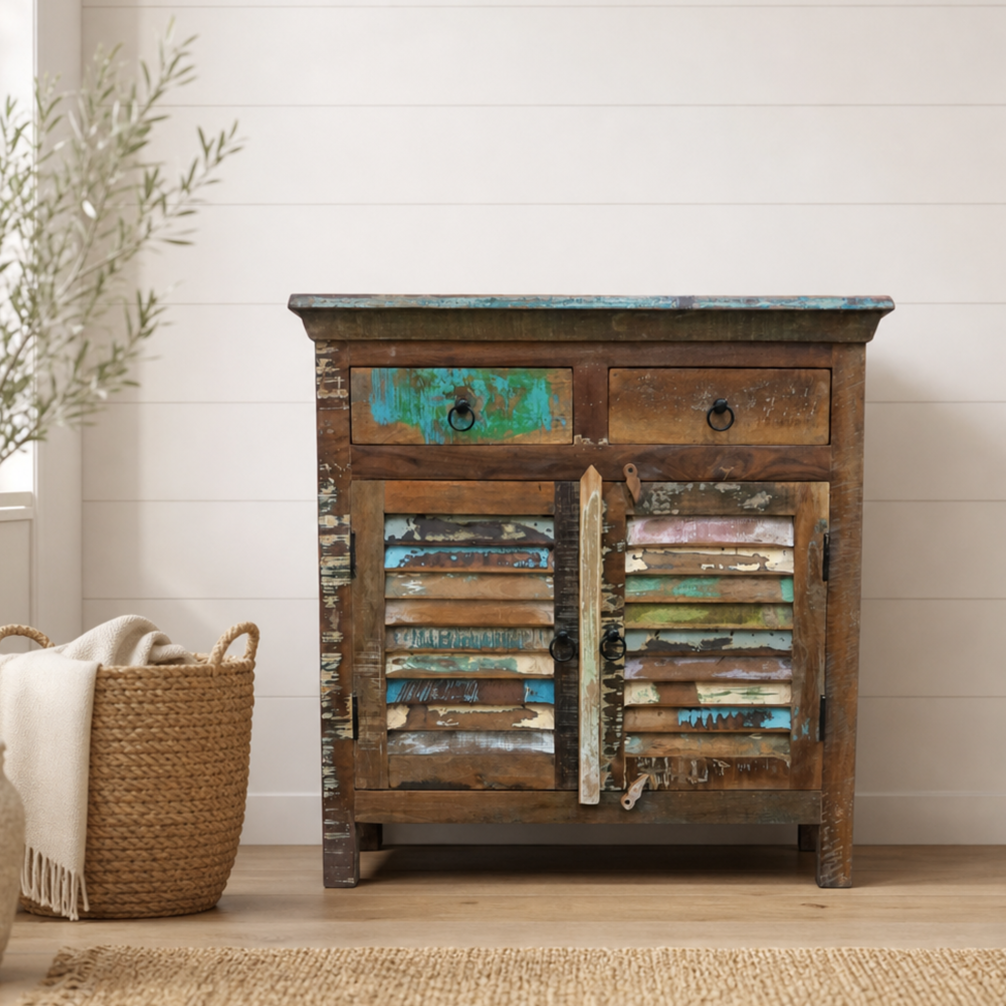 Hand-Crafted Reclaimed Wood Buffet Cabinet | Louvre Doors, 2 Drawers & Rustic Charm