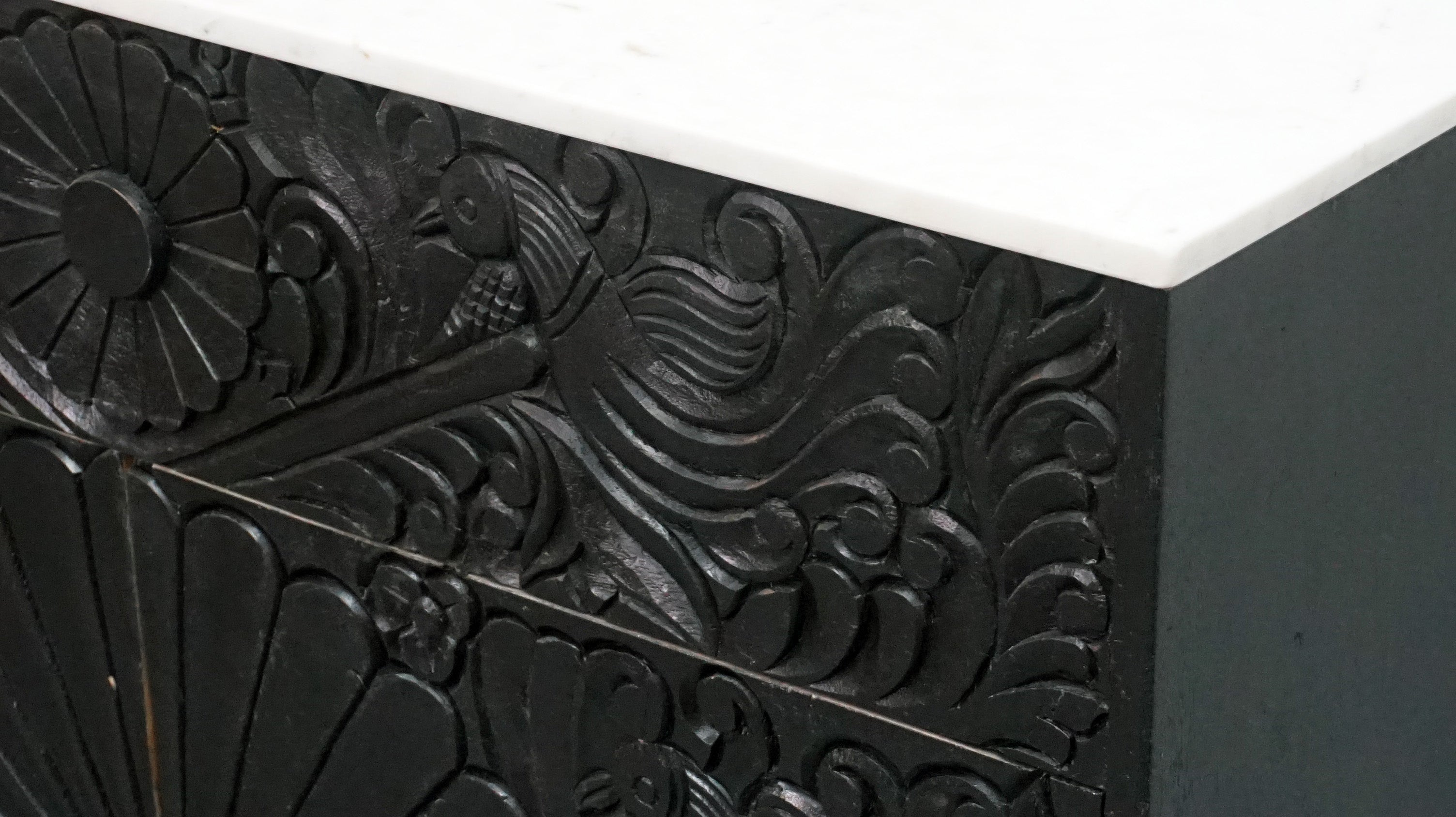 Black Bathroom Vanity Hand-Carved with Marble Top and Basin