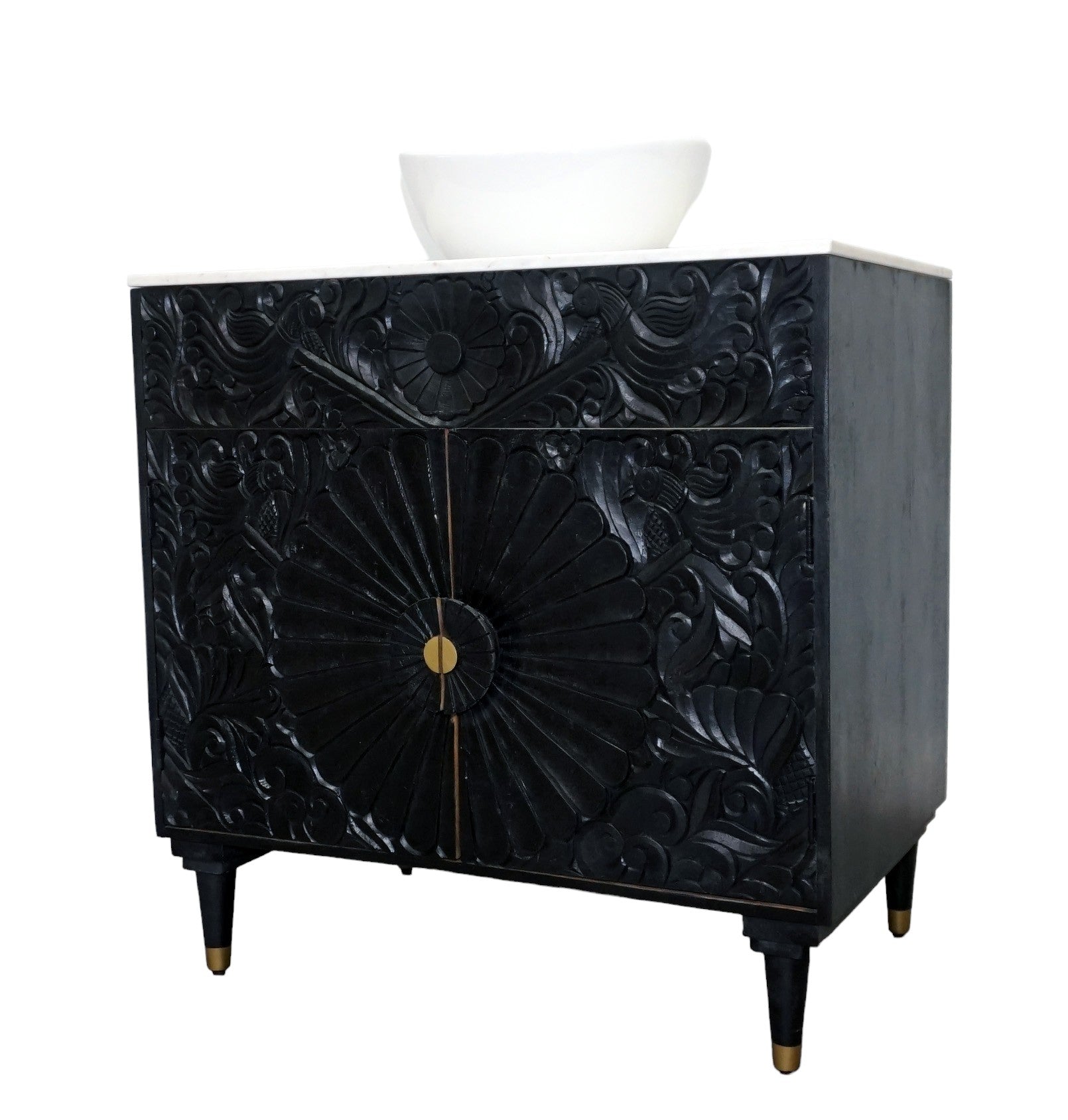 Black Bathroom Vanity Hand-Carved with Marble Top and Basin