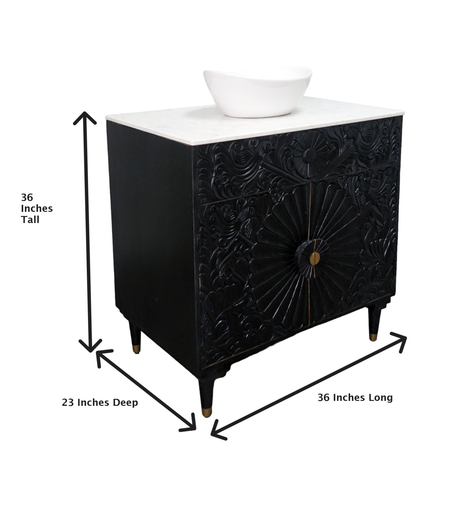 Black Bathroom Vanity Hand-Carved with Marble Top and Basin