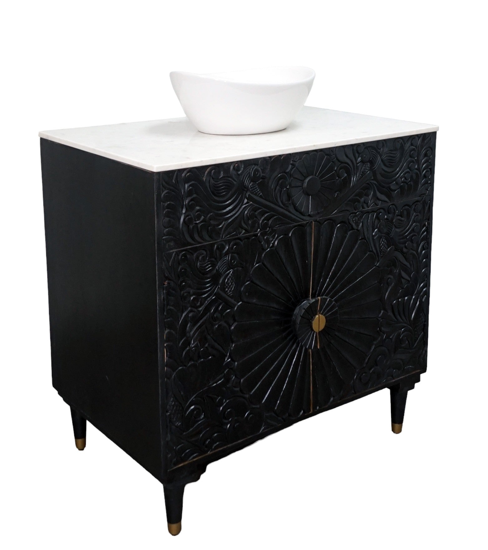 Black Bathroom Vanity Hand-Carved with Marble Top and Basin