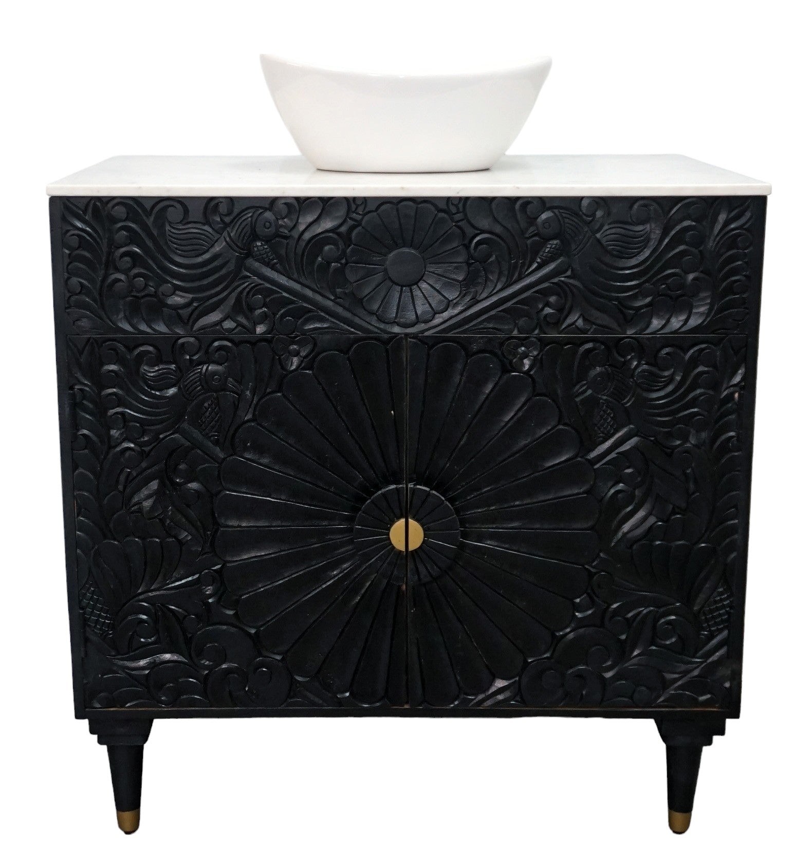 Black Bathroom Vanity Hand-Carved with Marble Top and Basin