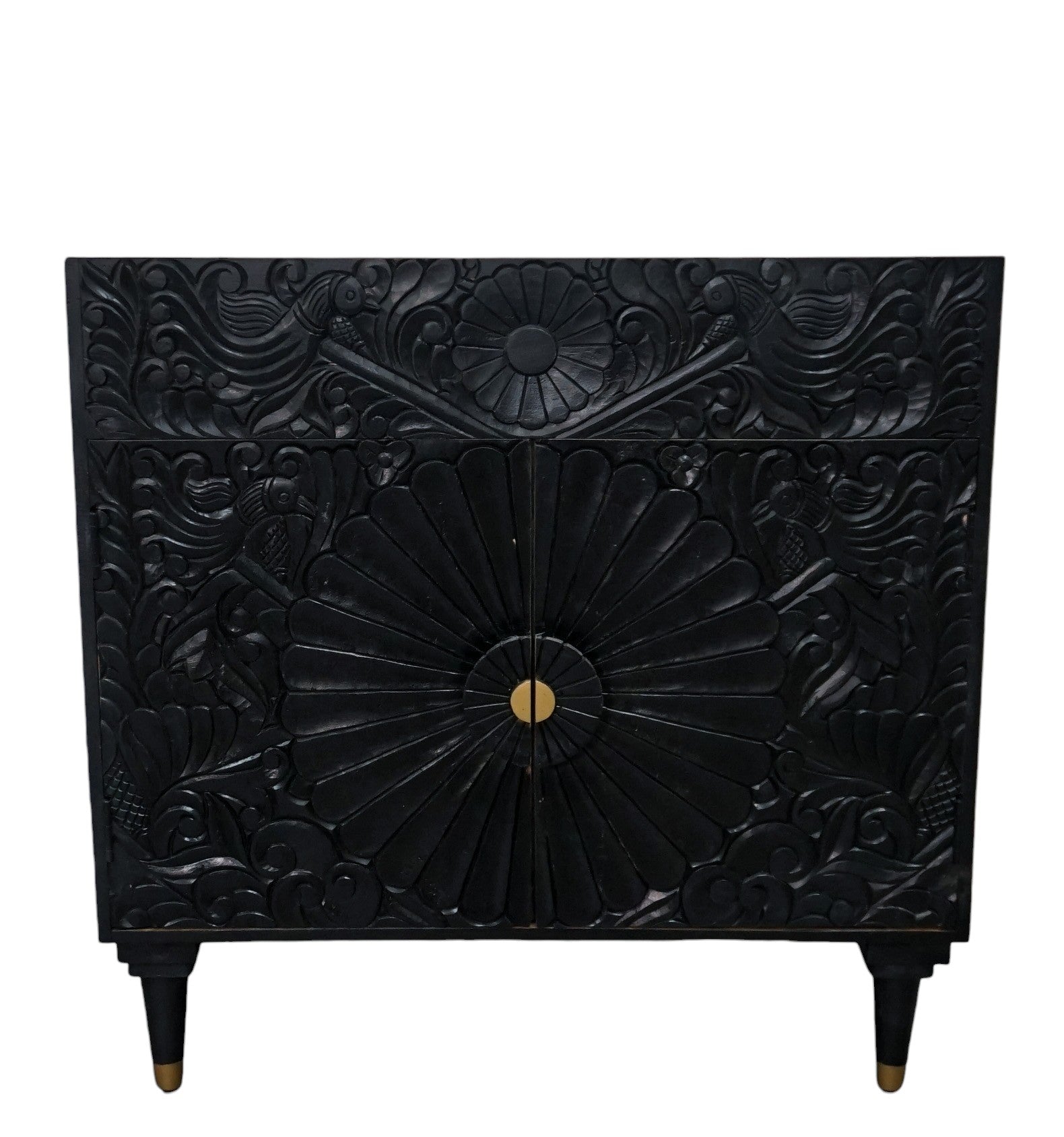 Black Bathroom Vanity Hand-Carved with Marble Top and Basin