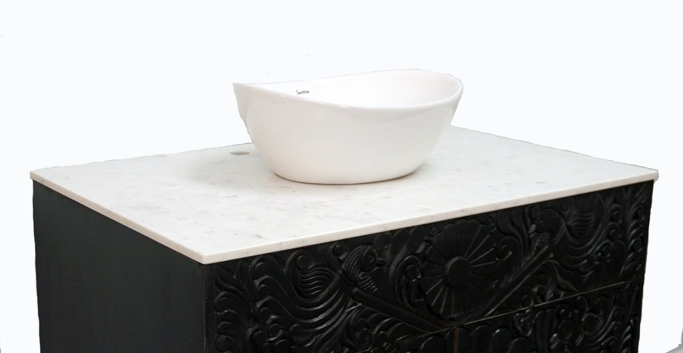 Black Bathroom Vanity Hand-Carved with Marble Top and Basin