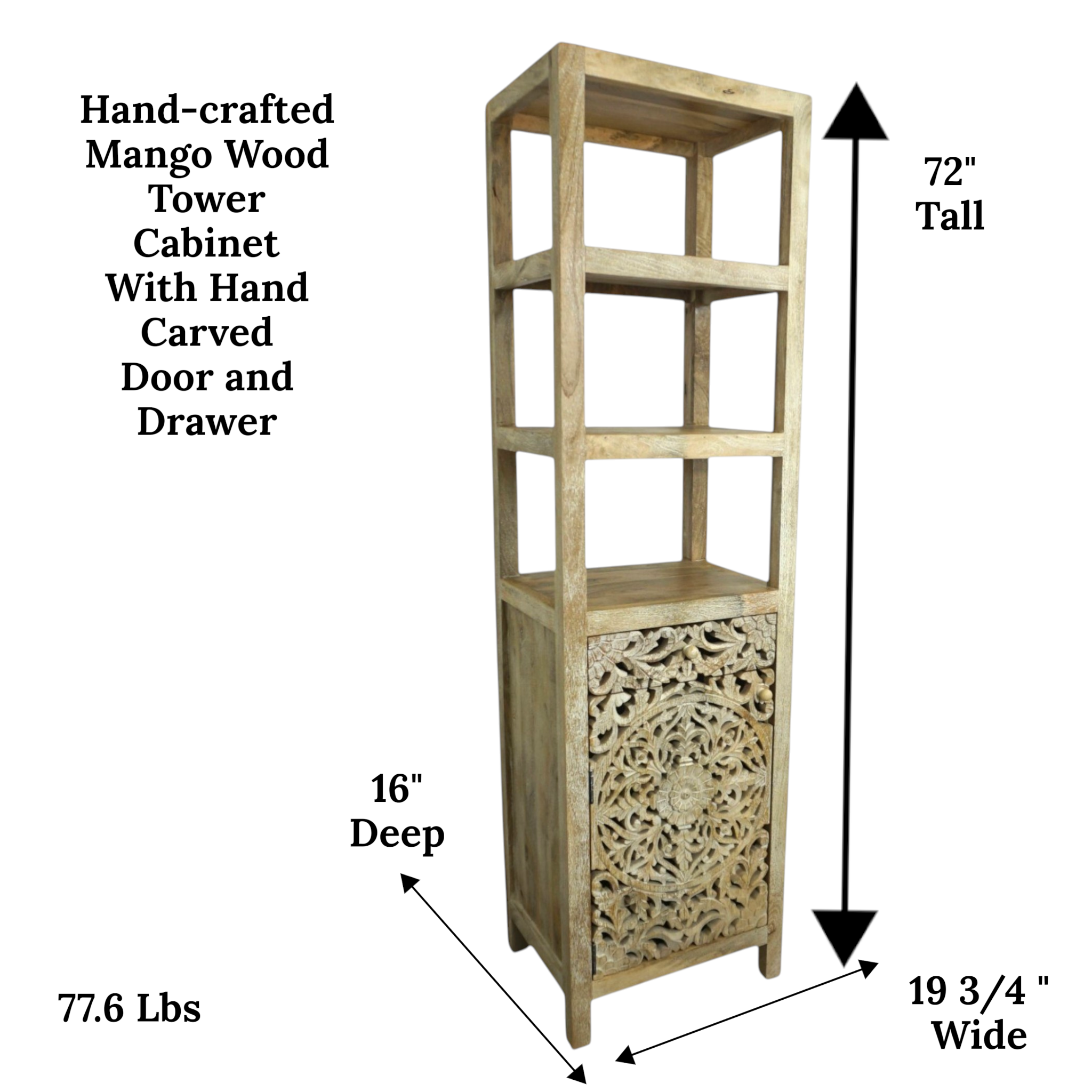 Handcrafted Mango Wood Linen Tower Cabinet | Hand-Carved Cutout Doors