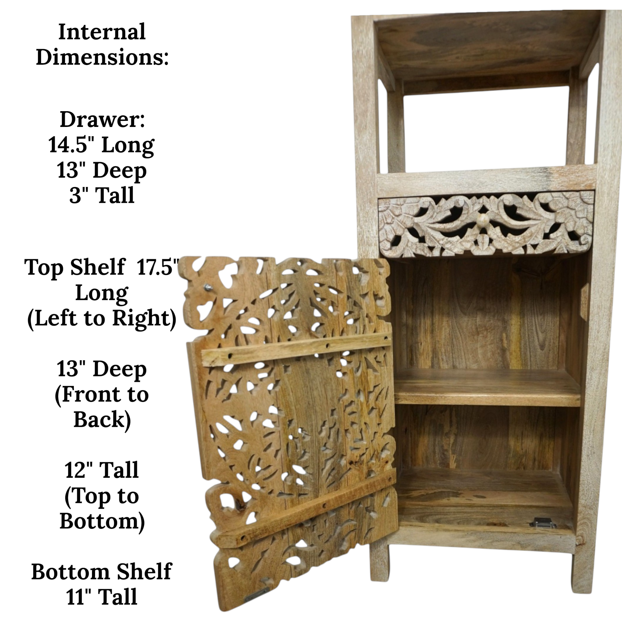 Handcrafted Mango Wood Linen Tower Cabinet | Hand-Carved Cutout Doors