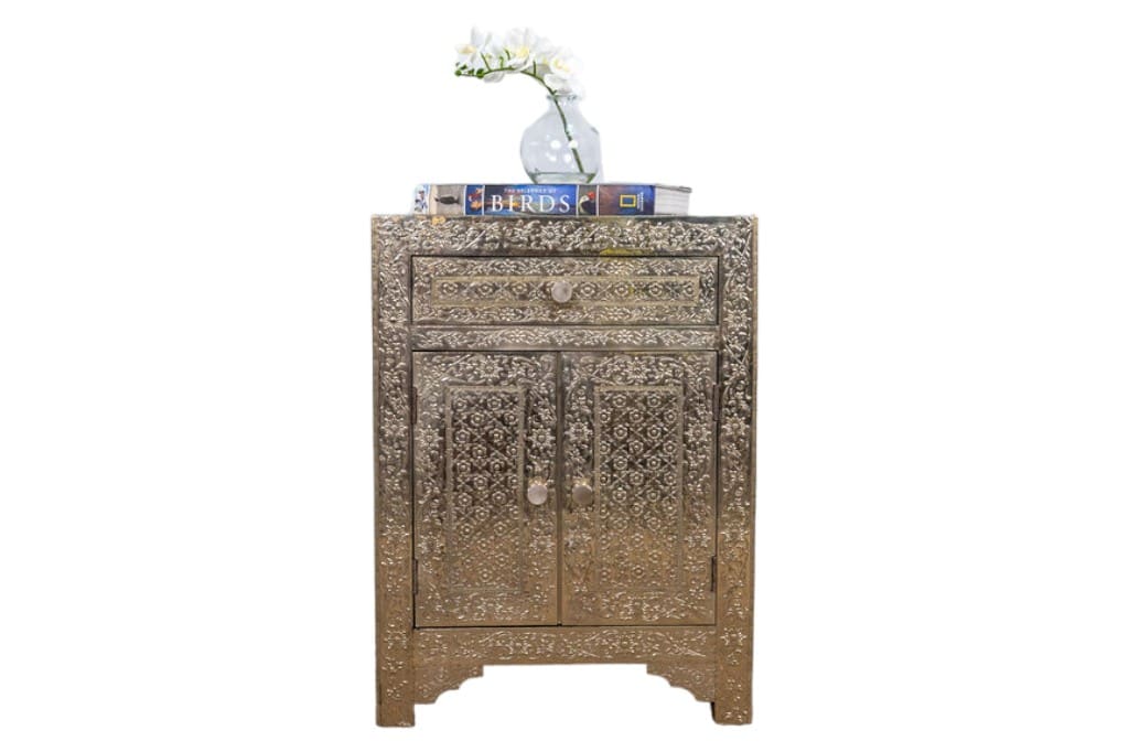 Pair of White Metal Side Table Hand-Embossed image 1
