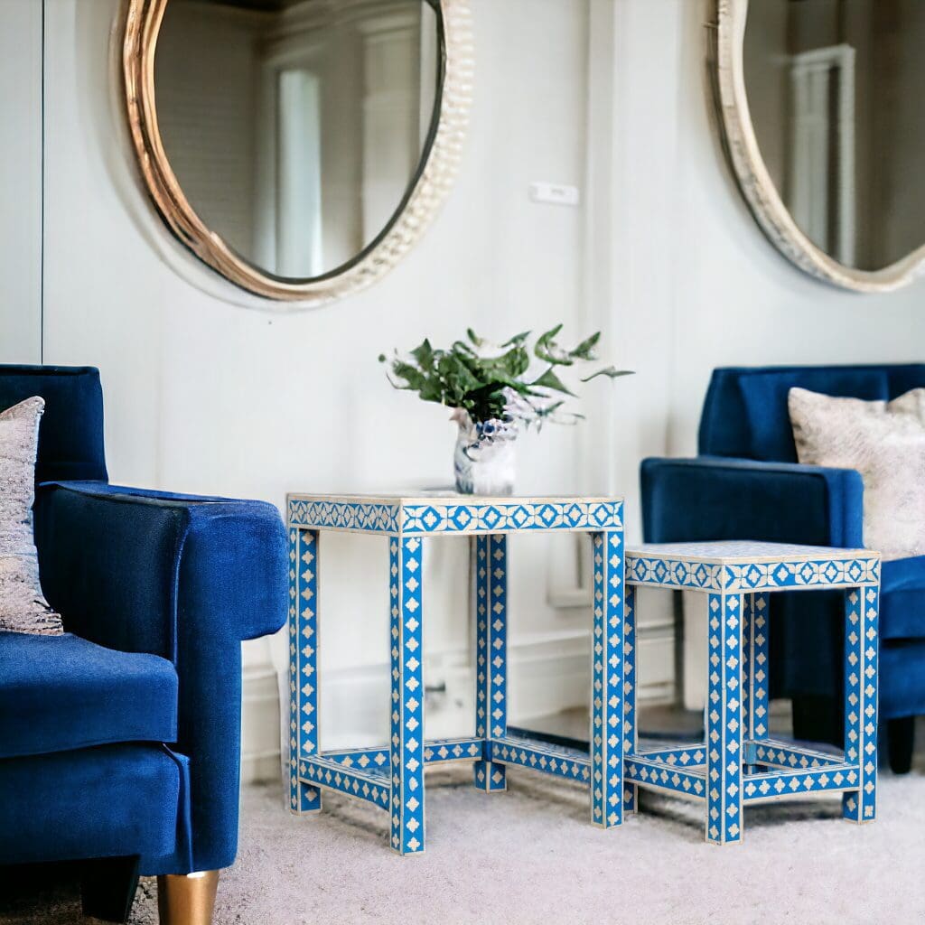 Bone Inlay Nesting Tables Set of 2 in Blue and White image 0