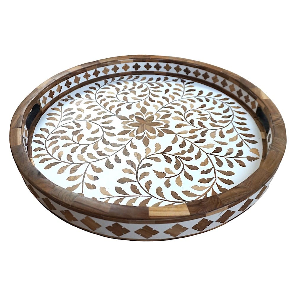 Round Decorative Teak Inlay Serving Tray image 2