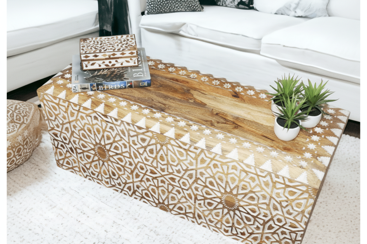 Natural Wood Coffee Table Hand-carved White Highlights image 0