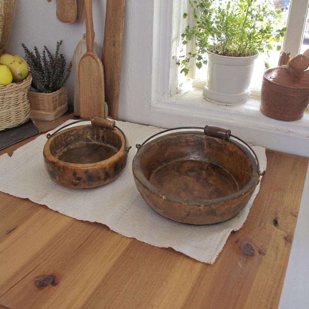 Vintage Wooden Bowls with a Handle Set of 2 image 12