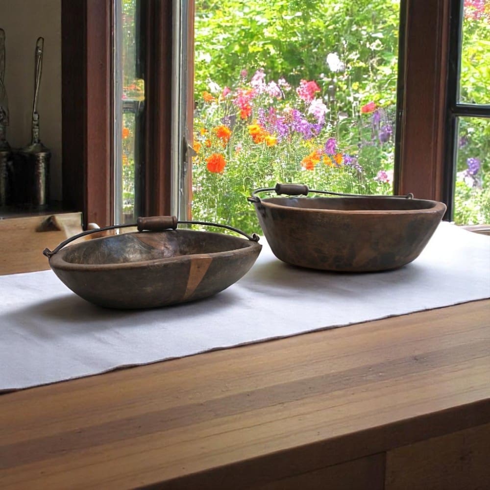 Vintage Wooden Bowls with a Handle Set of 2 image 0