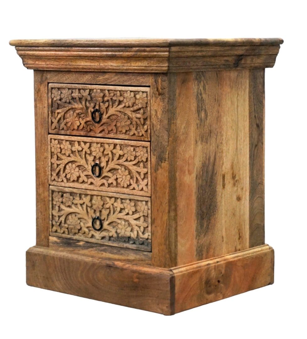 Natural Wood Nightstand Intricate Hand Carved 3 Drawers image 4