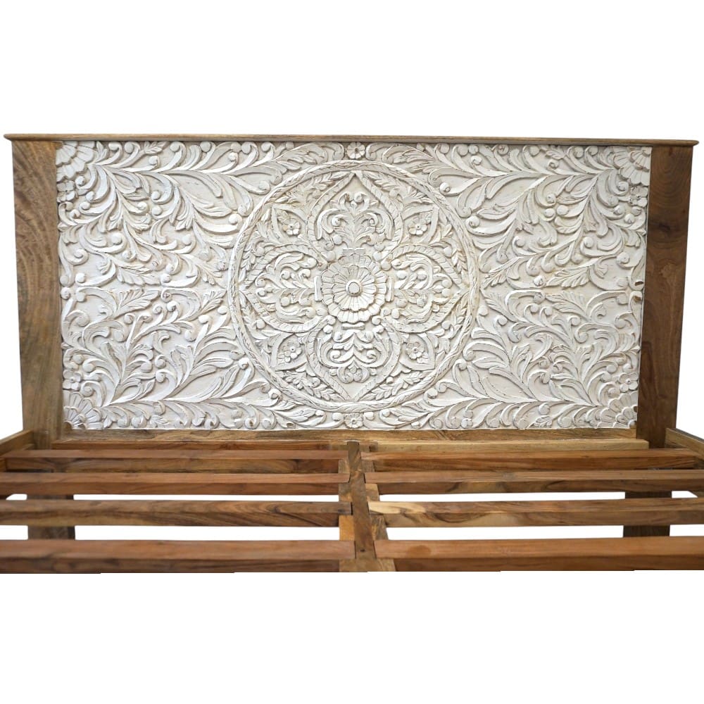 Hand-Carved King Bedframe Natural Whitewash Floral image 5