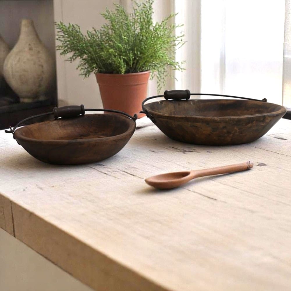 Vintage Wooden Bowls with a Handle Set of 2 - 13 image