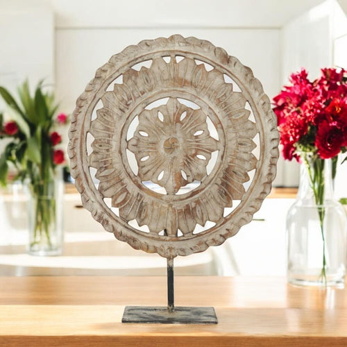 Hand-carved Wooden Flower Sun Disc Decor Accent image 0