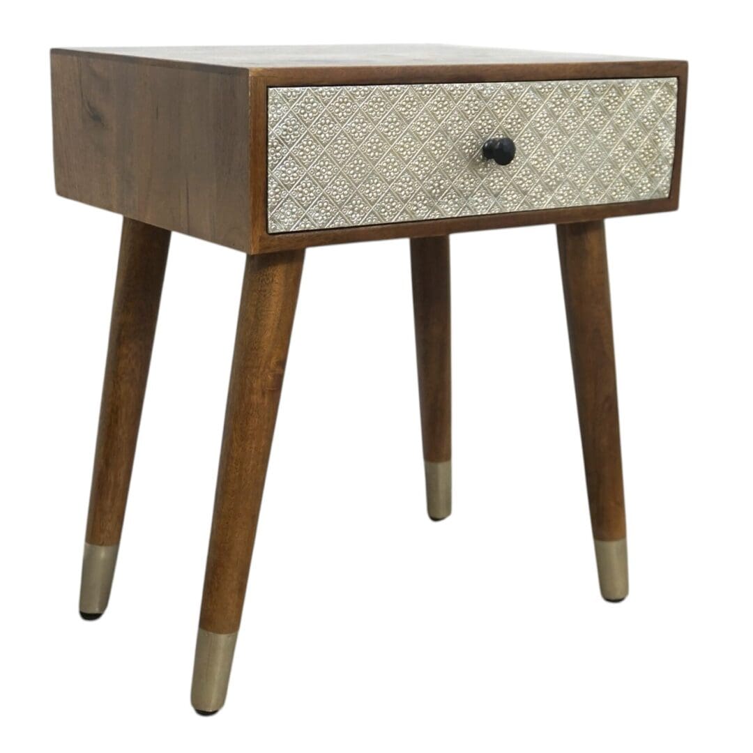 Hand Crafted Solid Wood Side Table with Metal Embossed Drawer image 6