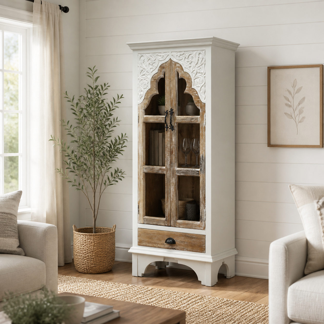 Hand-Carved Mango Wood Arched Display Cabinet | Glass Doors & Whitewash Finish