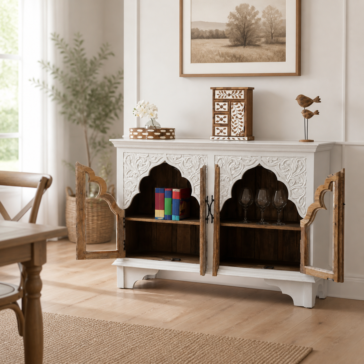 Hand-Carved Mango Wood Arched Sideboard | Glass Doors & Whitewash Finish