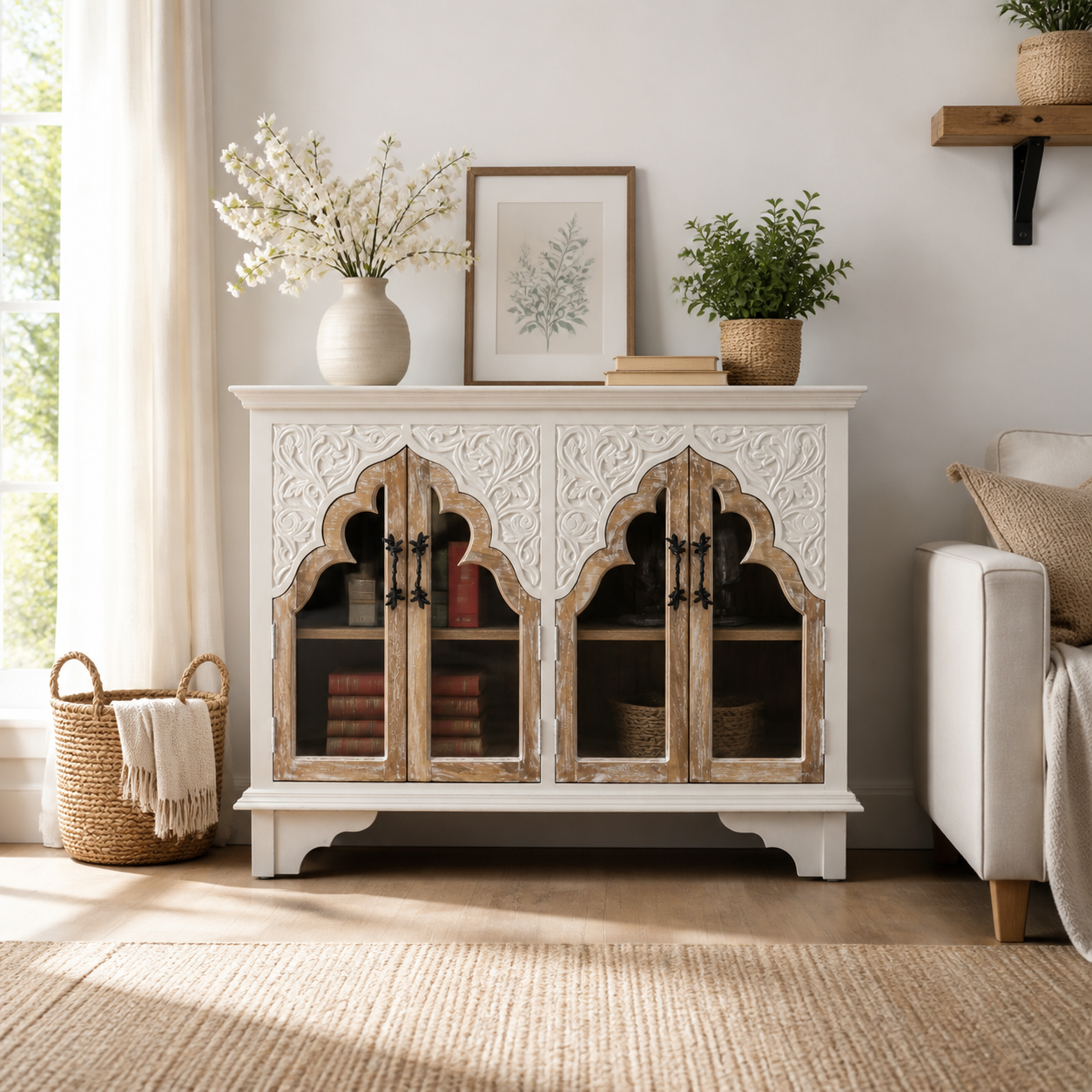 Hand-Carved Mango Wood Arched Sideboard | Glass Doors & Whitewash Finish