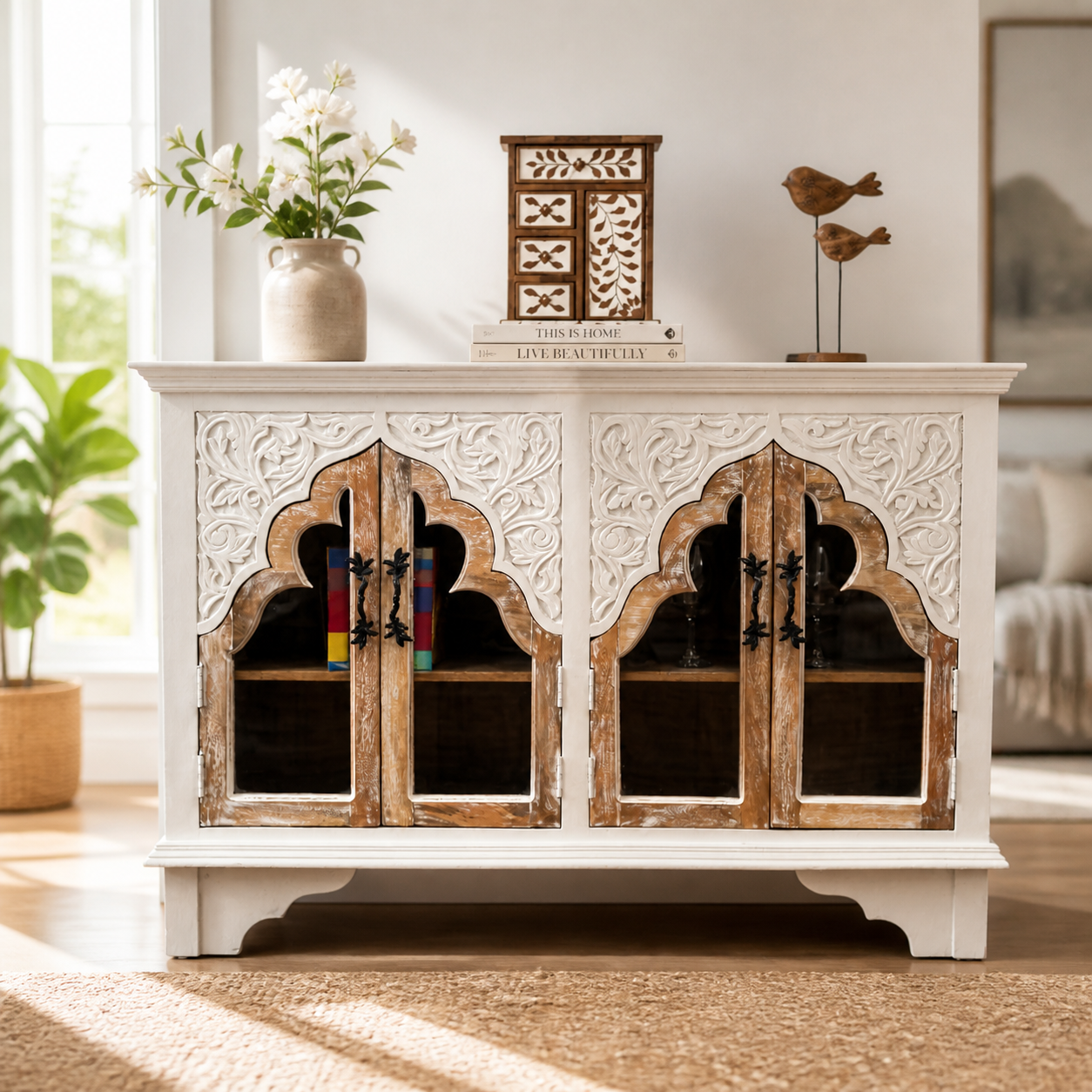 Hand-Carved Mango Wood Arched Sideboard | Glass Doors & Whitewash Finish