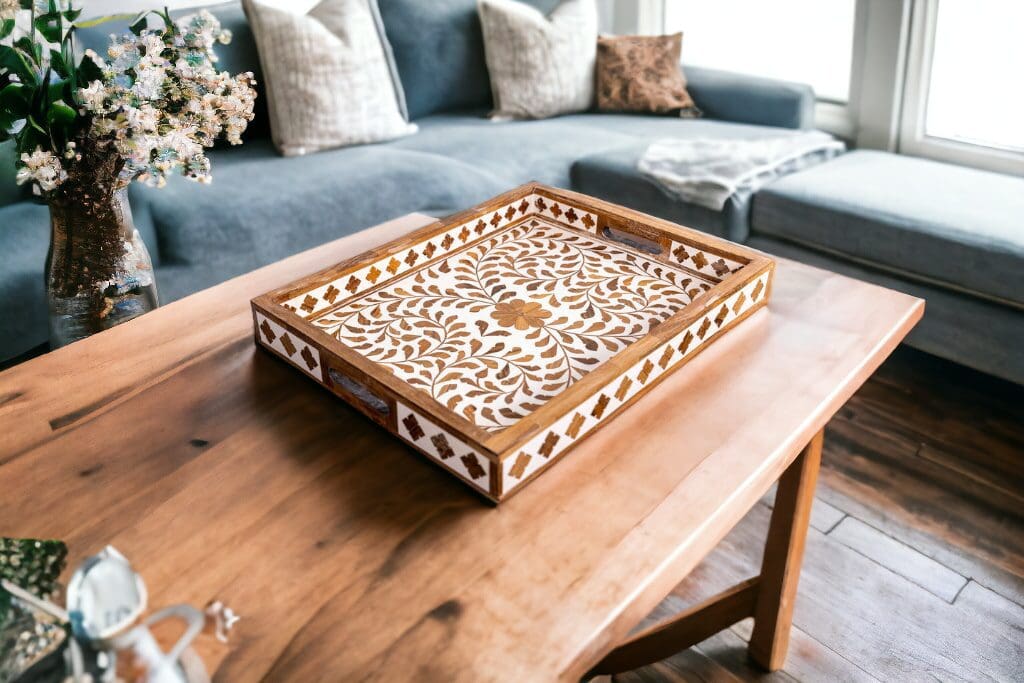 Decorative Teak Inlay Serving Tray image 0