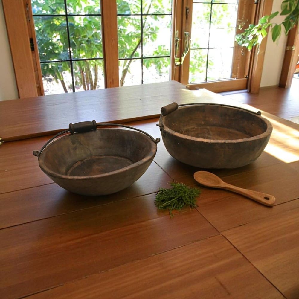 Vintage Wooden Bowls with a Handle Set of 2 image 0