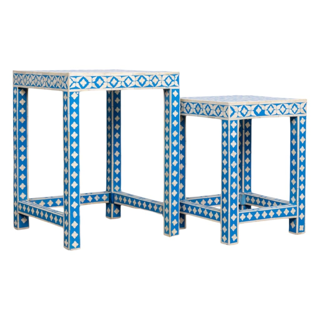 Bone Inlay Nesting Tables Set of 2 in Blue and White image 4
