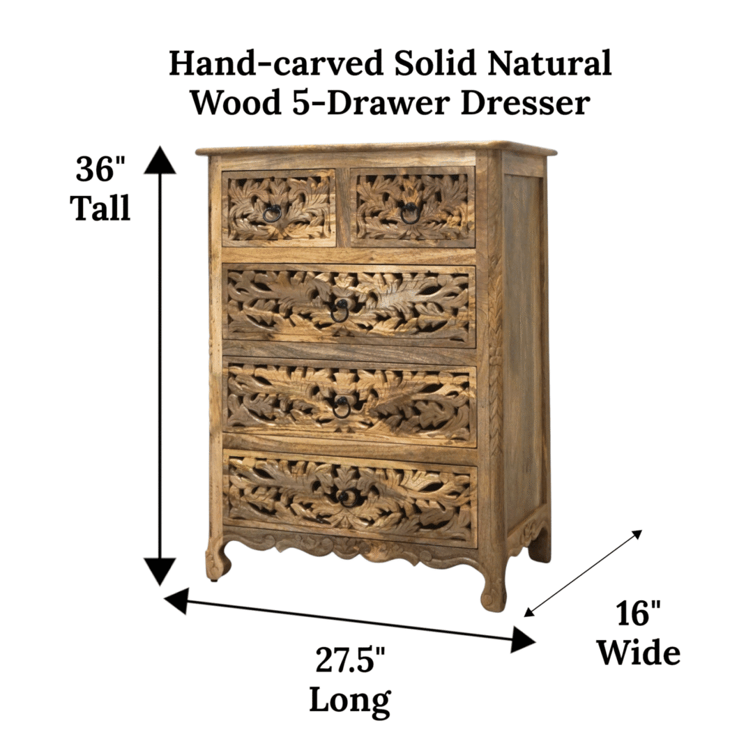 Hand-carved Natural Wood 5-Drawer Dresser image 15