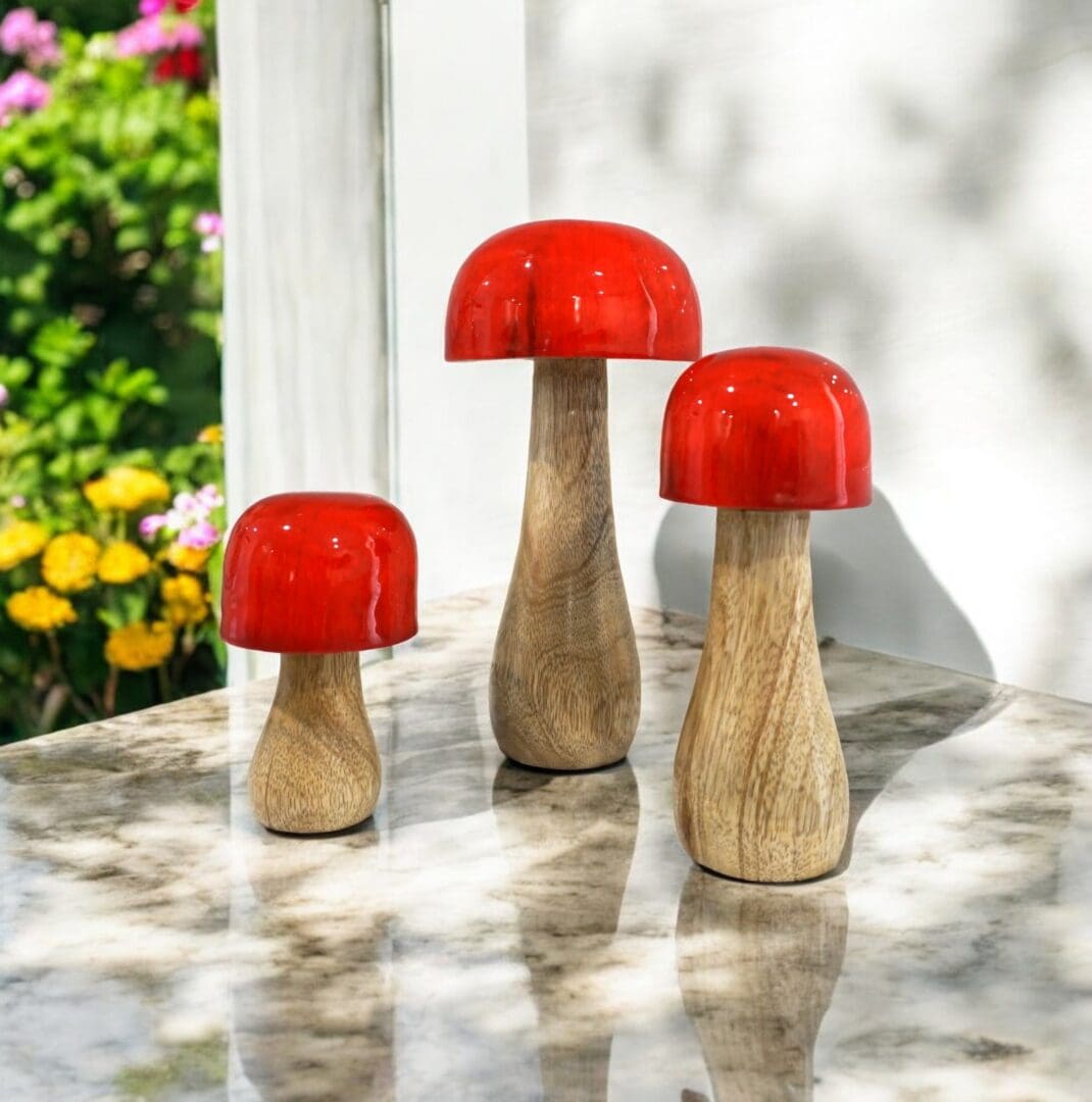 Hand-crafted Whimsical Wooden Mushrooms Set of 3 Red image 0